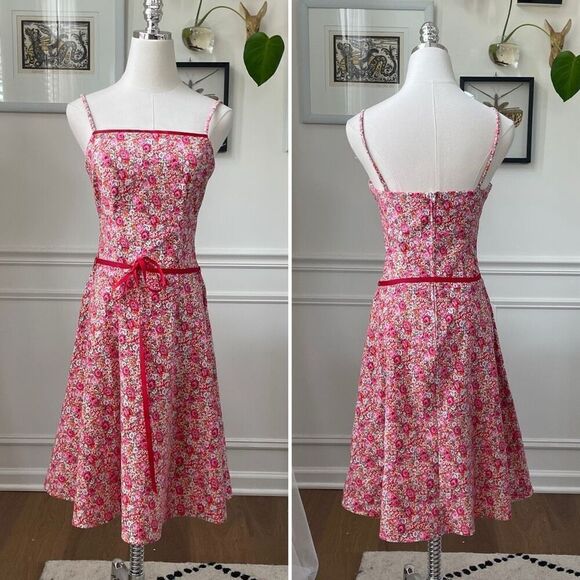 Vintage 90s City Triangles Floral Fit & Flare Spaghetti Strap Dress S 5 6 - Picture 1 of 9